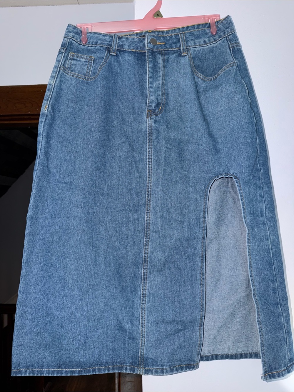 Classic Blue Denim Midi Skirt with Side Slit